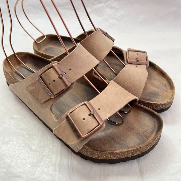 Birkenstock Arizona sandals beige leather EU 40 US womens 9 9.5 wide slides - Picture 1 of 13